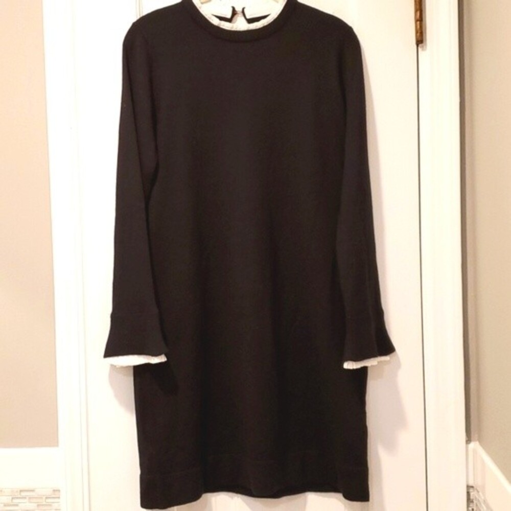 VINCE CAMUTO LONG SLEEVE DRESSY BLACK SWEATER DRESS WHITE PLEATS SIZE MEDIUM